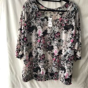 MXM Plus Size 3/4 Length Slit Sleeve Print Shirt, Shirred Waistband, 3X, NWT